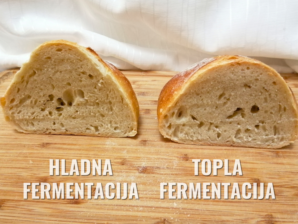 2 manja prepolovljena kruha. Jedan s toplom fermentacijom, drugi s hladnom fermentacijom.